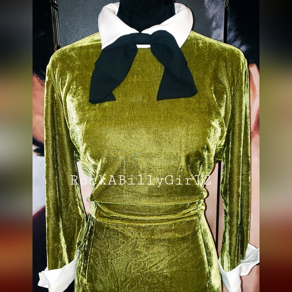 Tatyana Maud Autumn Moss Green Velvet Cuff Sleeve Pinup Pencil Dress w Black Tie - Picture 6 of 16